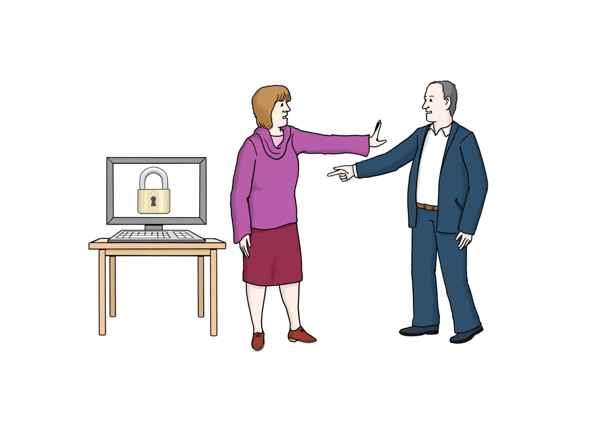 Ein Mann steht vor einem Computer. Eine Frau steht vor ihm und hat die Hand erhoben. Stopp.